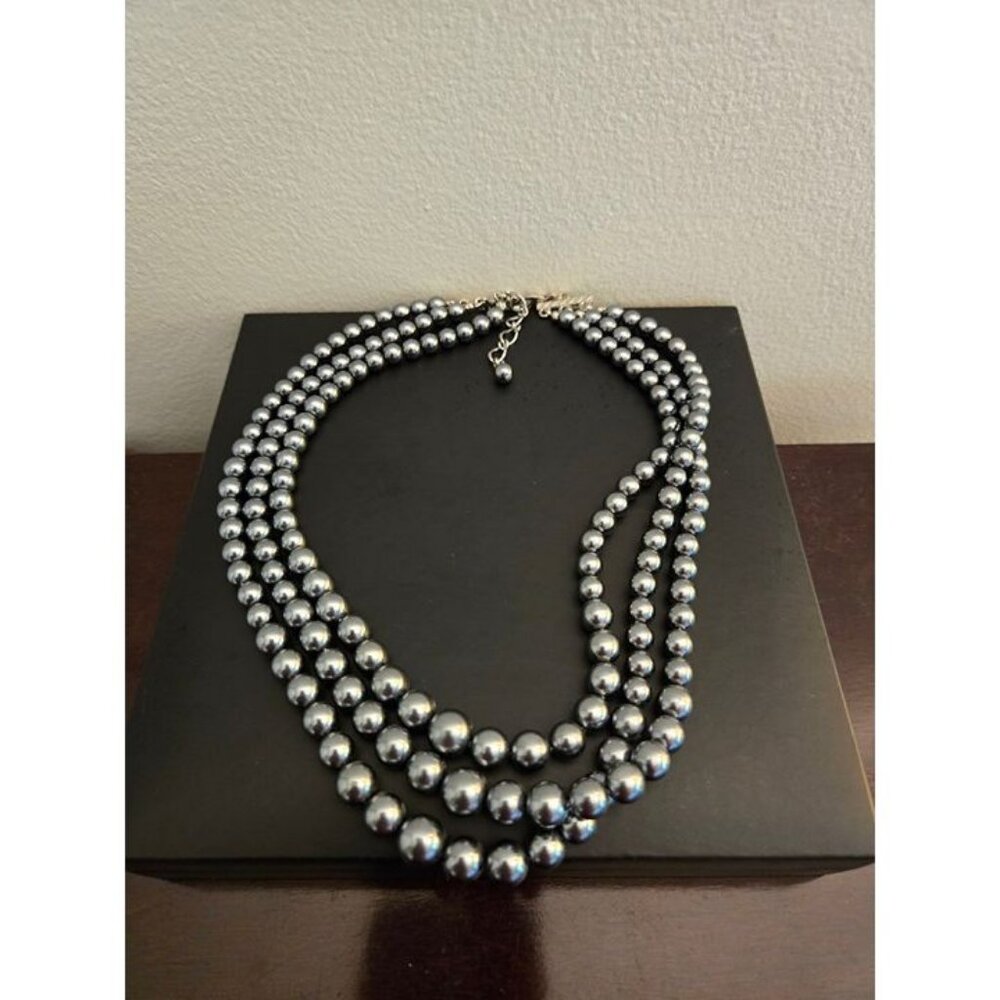 Three-Strand Metallic Silver Tone Beaded Necklace - Picture 2 of 2